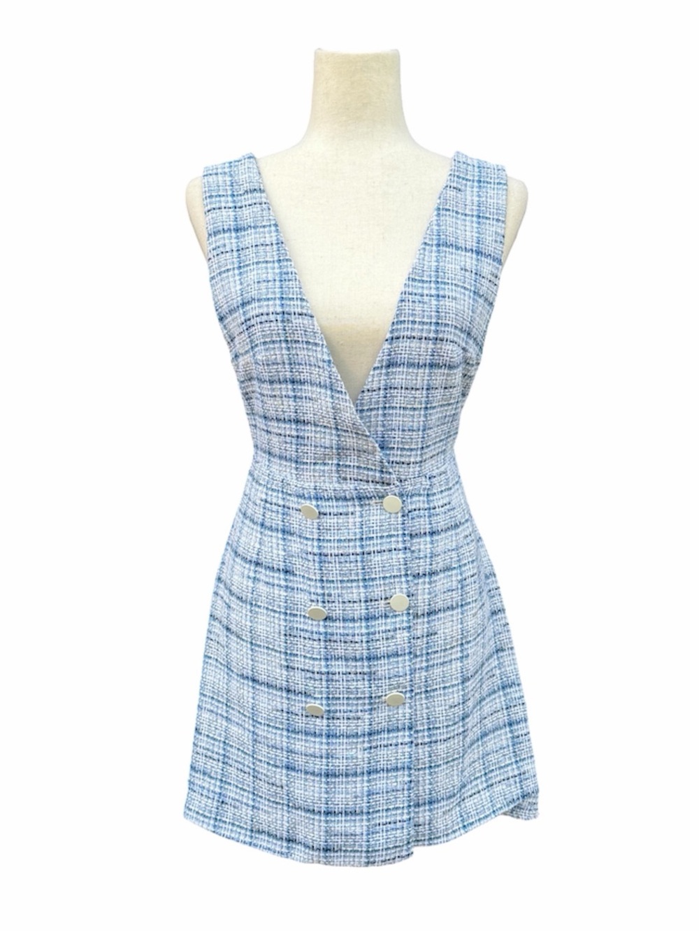 Zara Sleeveless Blue Plaid V-Neck Button Front Dress Vest Pinnafore Blazer XS